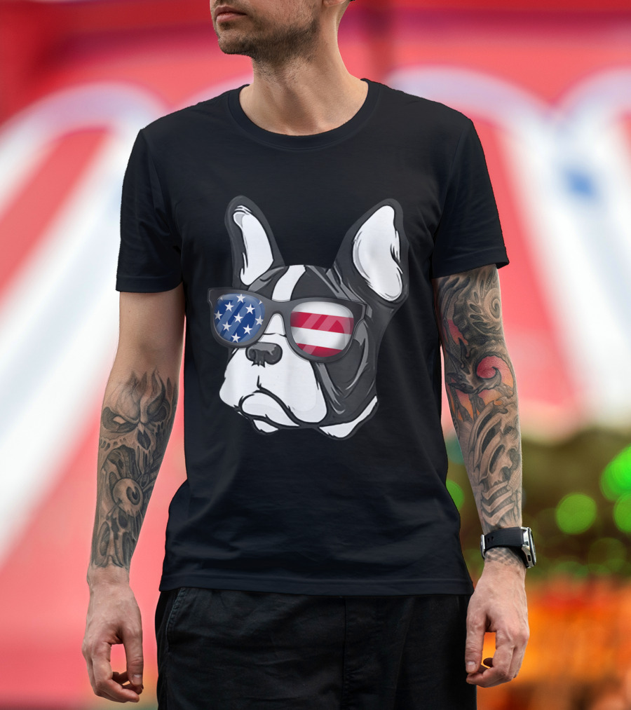 Patriotic French Bulldog with American Flag Sunglasses for July Fourth T-Shirt