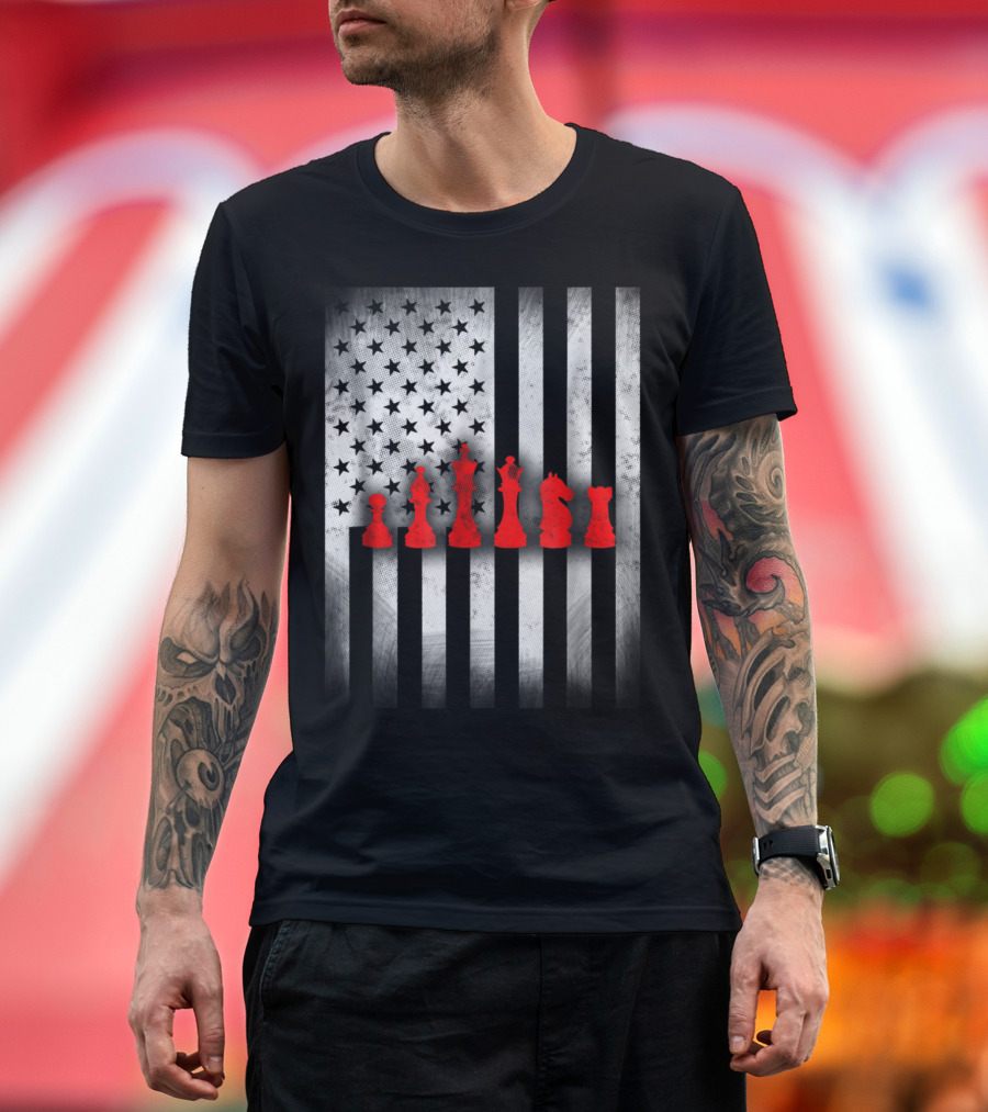 United States Flag with Red Chess Pieces T-Shirt