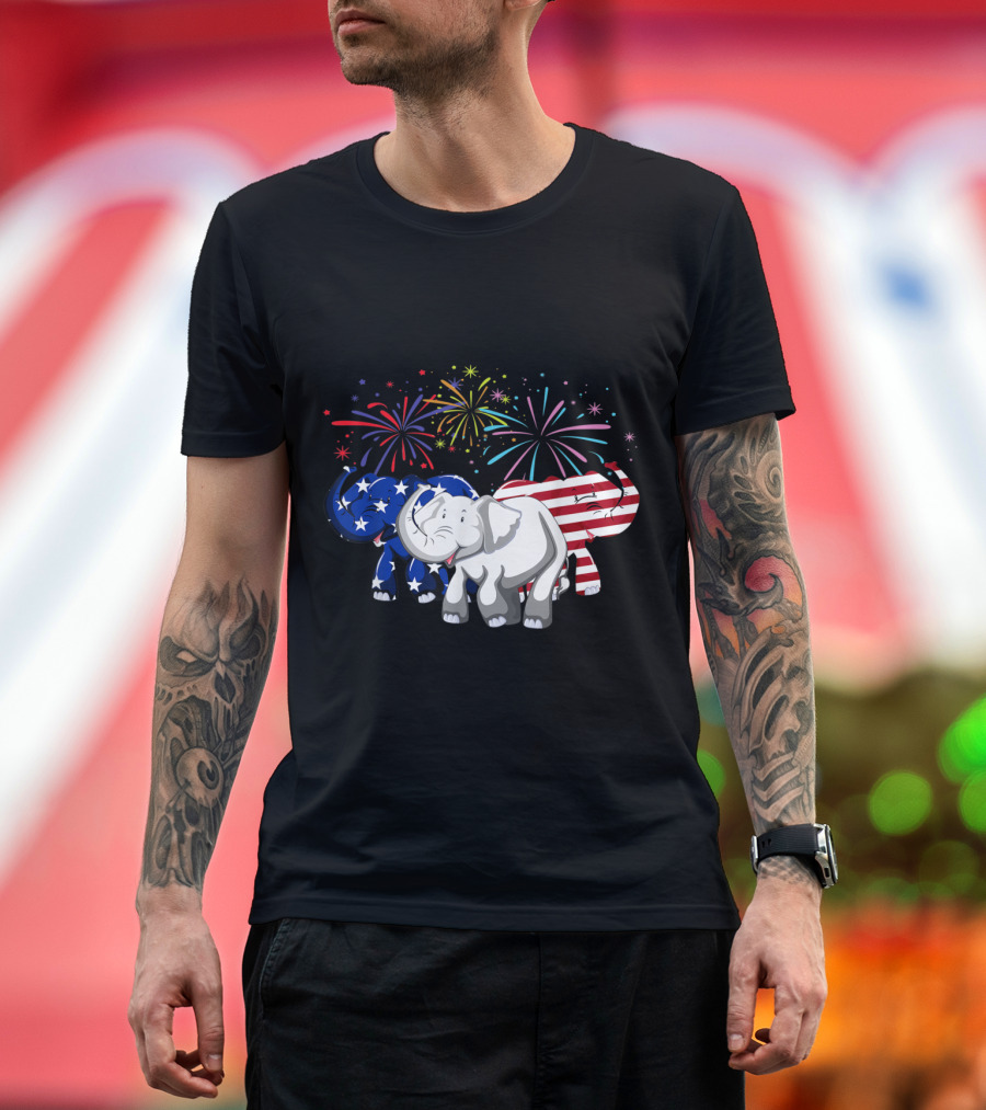 4th of July American Flag Elephant Fireworks T-Shirt