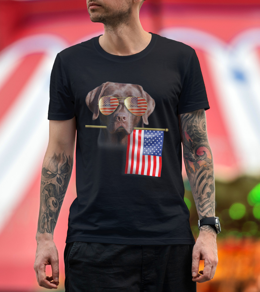 Dog with American Flag Sunglasses Holding Flag for 4th of July Fun T-Shirt