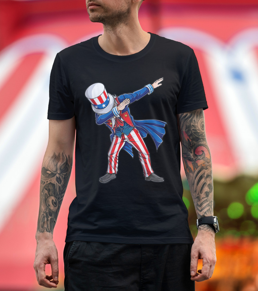 4th of July Patriotic Uncle Sam Dabbing Cartoon with Stars and Stripes Suit T-Shirt