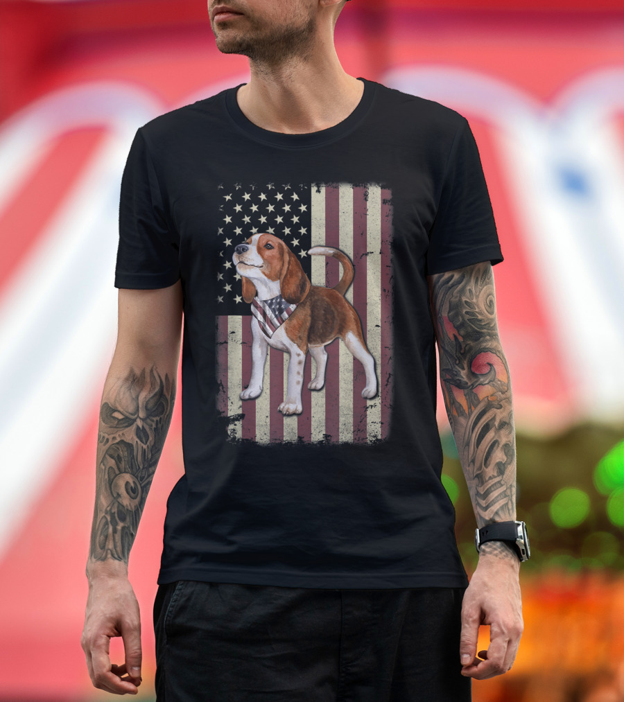 Beagle Wearing American Flag Bandana Against Patriotic Background T-Shirt