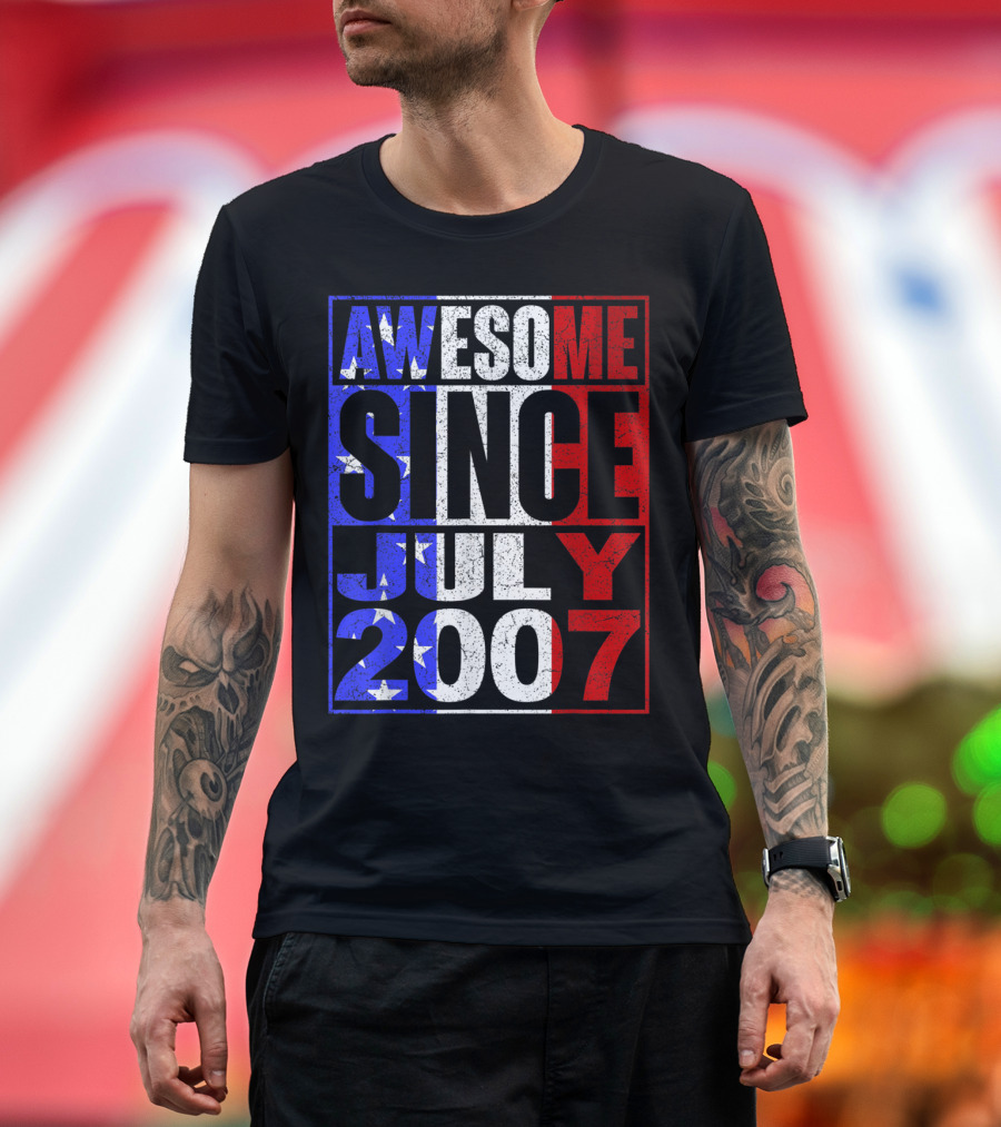 Awesome Since July 2007 with American Flag Colors and Stars T-Shirt