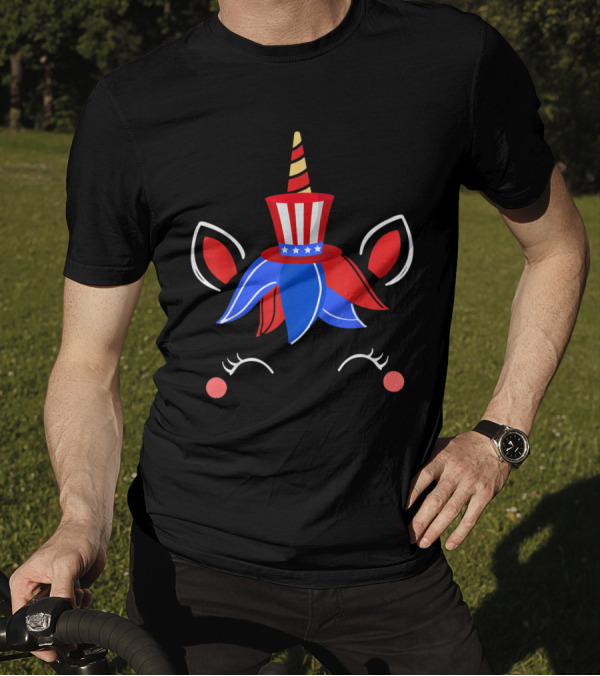 4th Of July Patriotic Unicorn With Red White And Blue Uncle Sam Hat And Stars T-Shirt