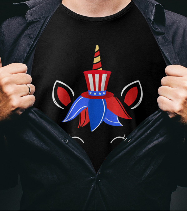 4th Of July Patriotic Unicorn With Red White And Blue Uncle Sam Hat And Stars T-Shirt