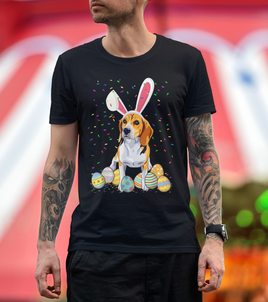 Happy Easter Beagle with Bunny Ears and Colorful Easter Eggs T-Shirt