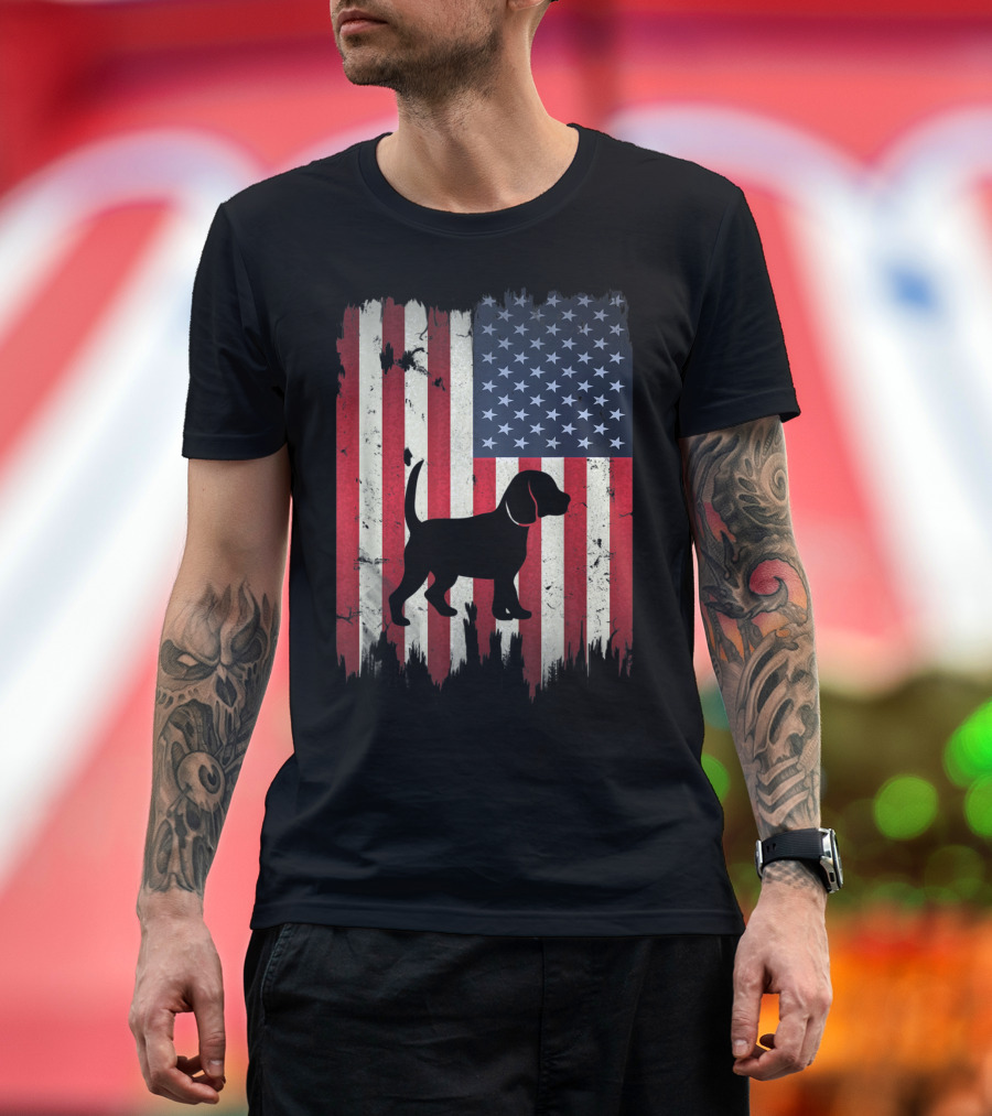 Beagle Silhouette Over Distressed American Flag USA T-Shirt