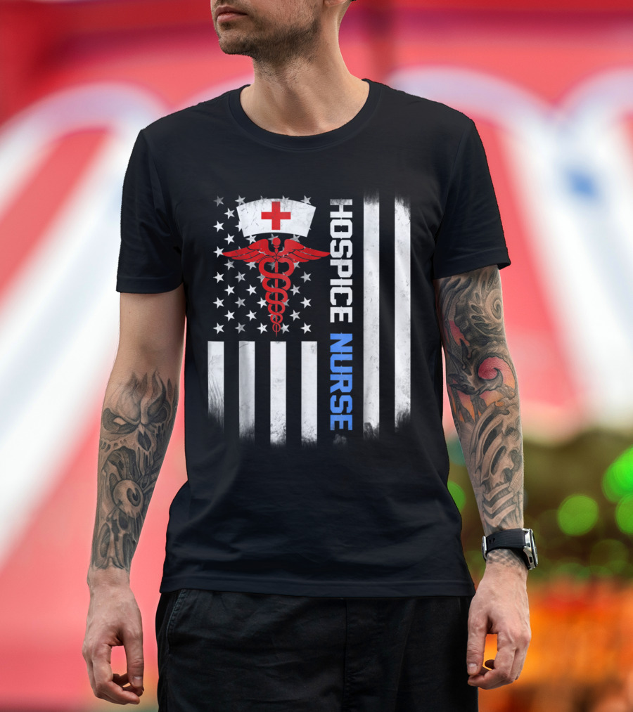 Hospice Nurse American Flag Caduceus and Nurse Cap T-Shirt
