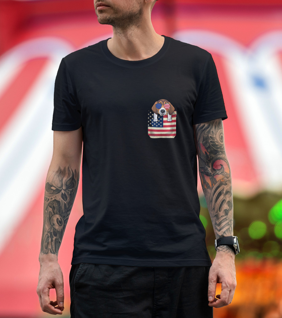 Beagle Wearing American Flag Sunglasses in Pocket with American Flag T-Shirt