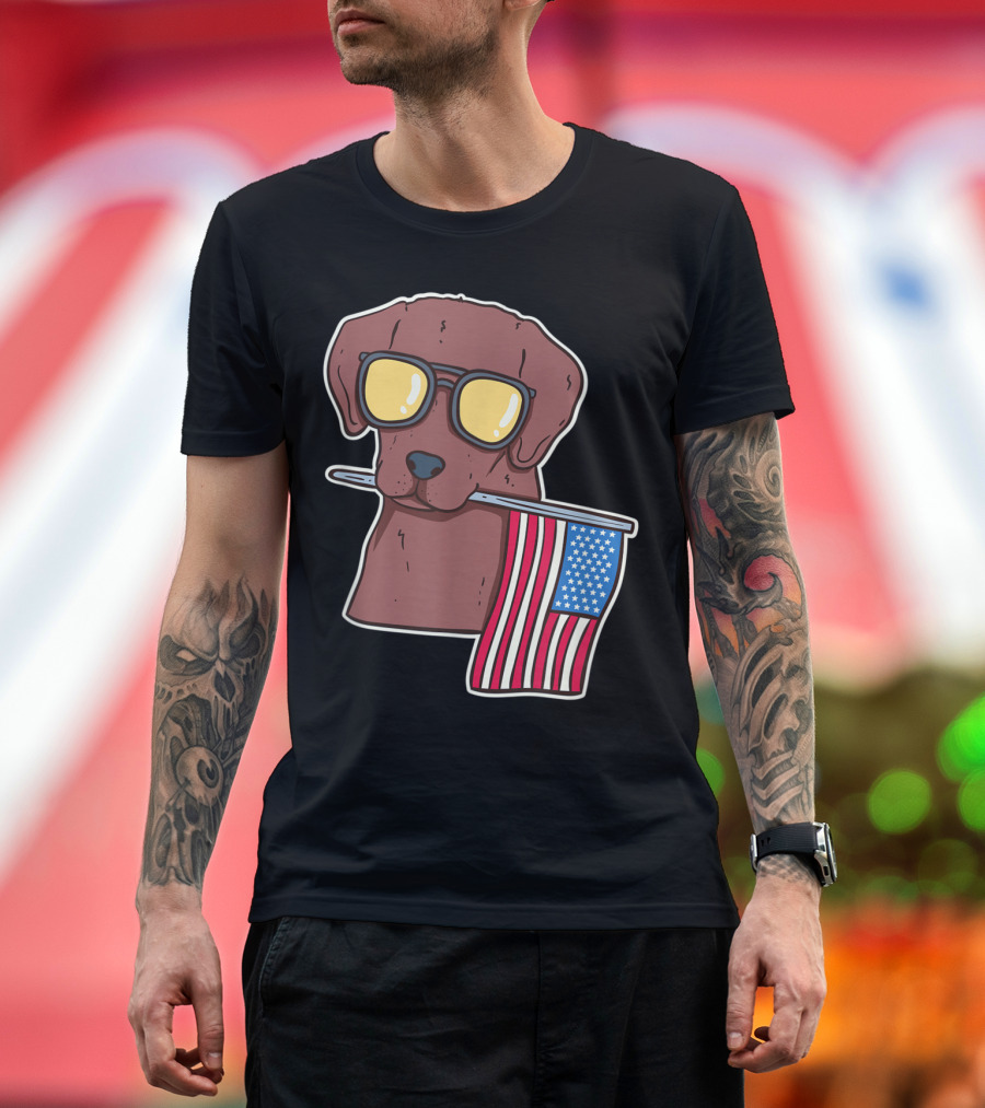 Chocolate Lab Holding American Flag with Sunglasses for 4th of July T-Shirt
