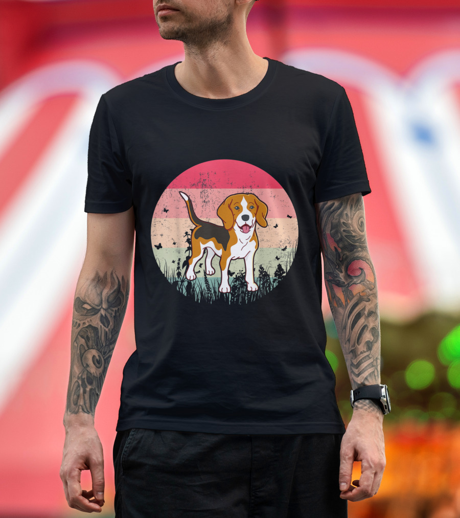 Beagle Vintage Beagle Dog Retro Sunset Grunge Grass and Butterfly T-Shirt