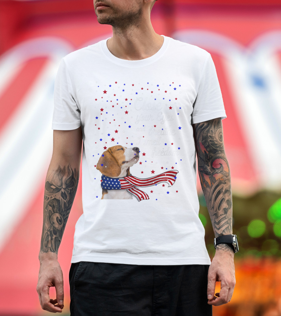 Close Your Eyes and Breathe I Smell Freedom Beagle with American Flag Scarf and Stars T-Shirt