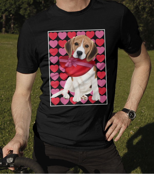 Beagle Holding Red Heart Shaped Box With Pink And Red Hearts Background T-Shirt