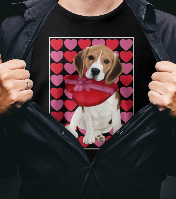 Beagle Holding Red Heart Shaped Box With Pink And Red Hearts Background T-Shirt