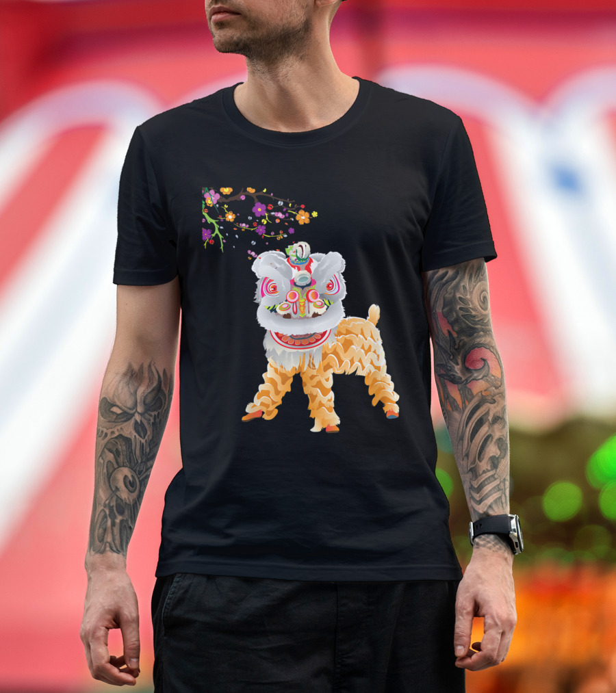 Chinese Lion Dance with Blossoms and Vibrant Colors T-Shirt