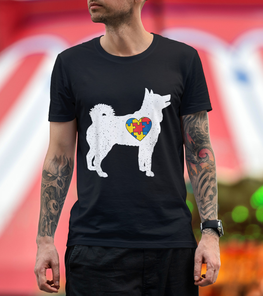 Husky Silhouette with Autism Awareness Puzzle Heart T-Shirt
