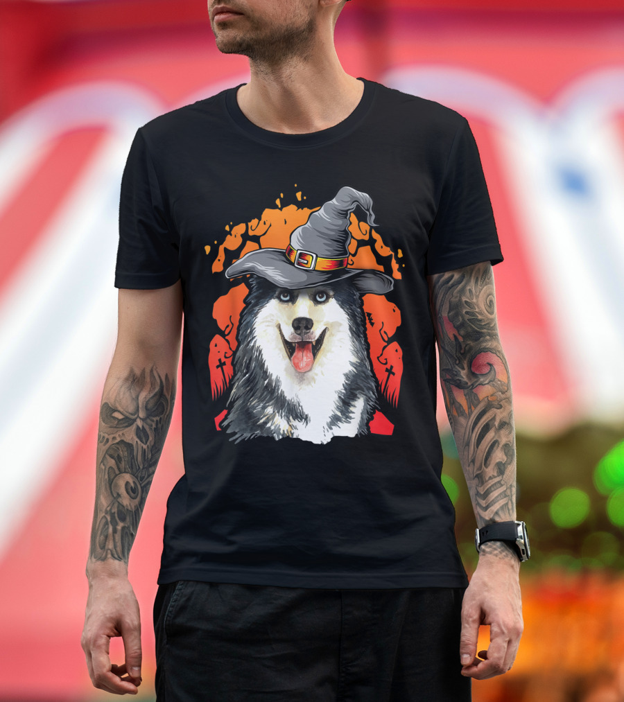 Husky Witch Hat Halloween Graveyard Scene T-Shirt
