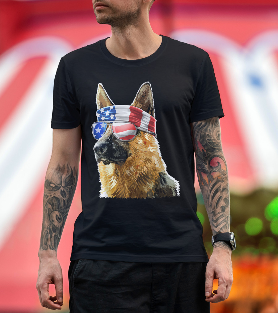 German Shepherd 4th of July Patriotic American Flag Sunglasses and Bandana T-Shirt