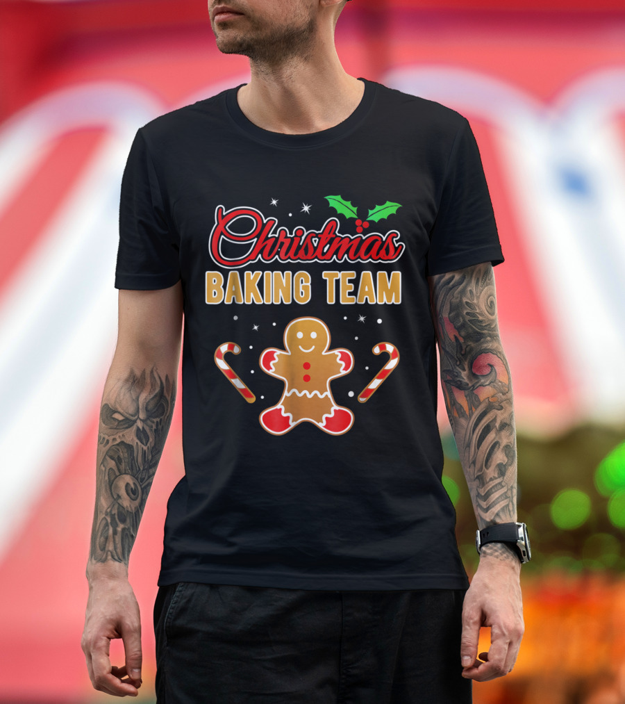 Christmas Baking Team Gingerbread Man with Candy Canes and Holly Accents T-Shirt