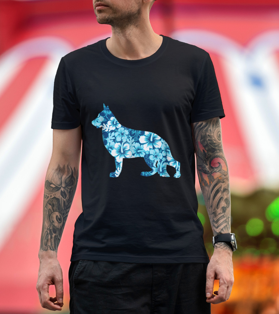 German Shepherd Silhouette with Hawaiian Aloha Floral T-Shirt