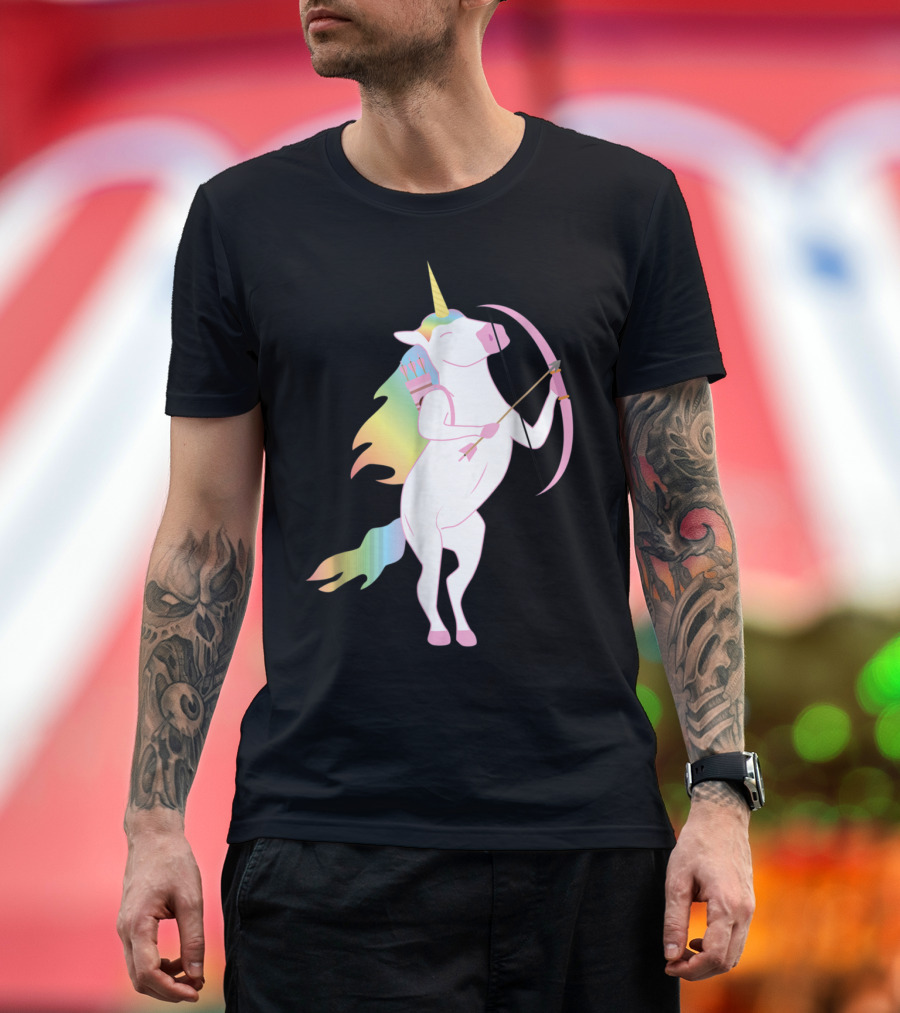 Unicorn with Pastel Rainbow Mane Experiencing Archery Joy T-Shirt