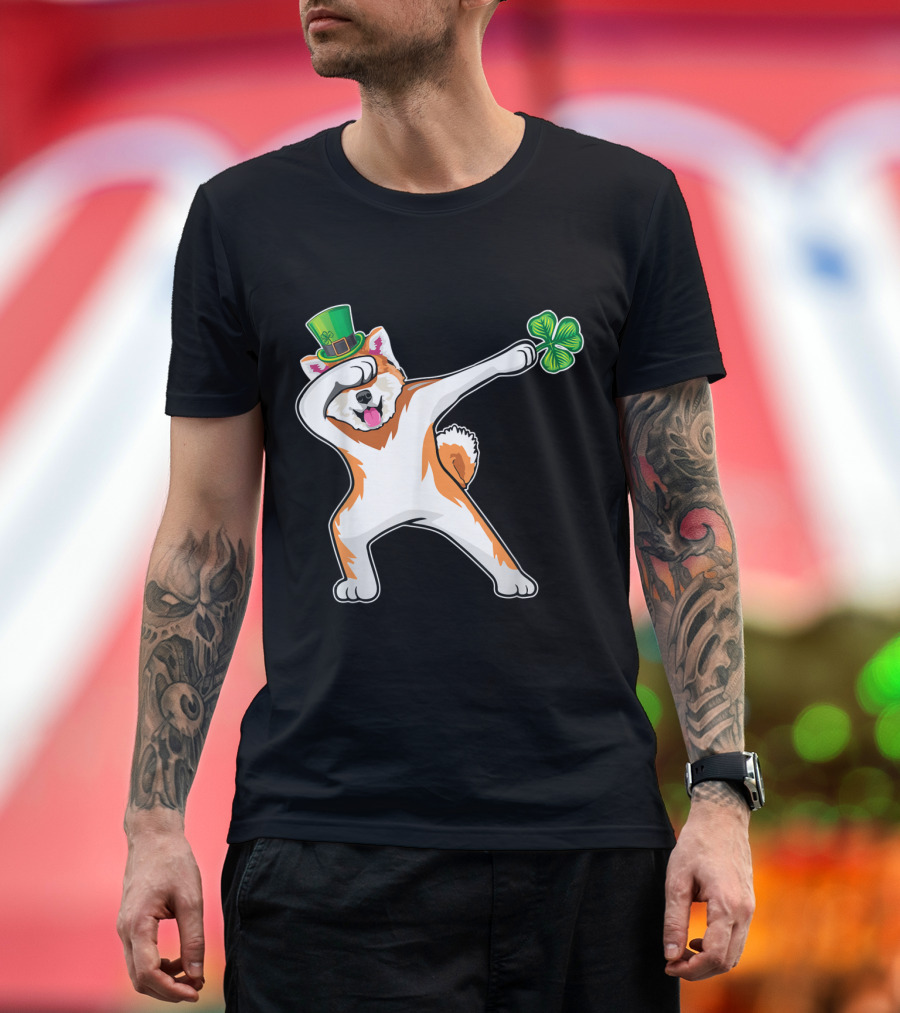Akita Dog Dabbing Dance with St. Patrick's Day Hat and Shamrock T-Shirt