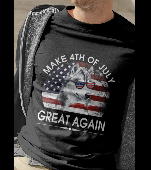Make 4th Of July Great Again Husky With American Flag Sunglasses T-Shirt