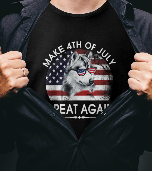Make 4th Of July Great Again Husky With American Flag Sunglasses T-Shirt