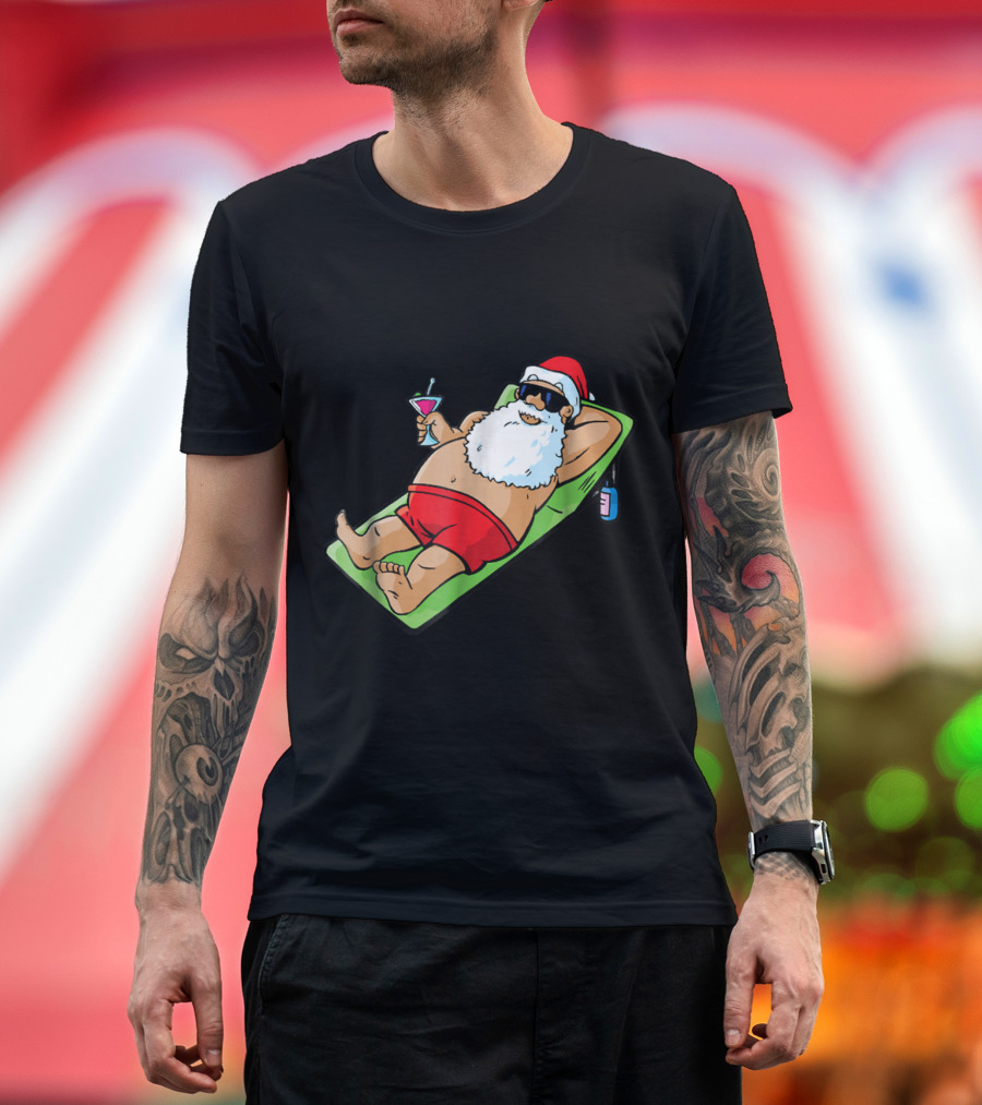 Santa Relaxing on Beach with Cocktail - Christmas in July T-Shirt