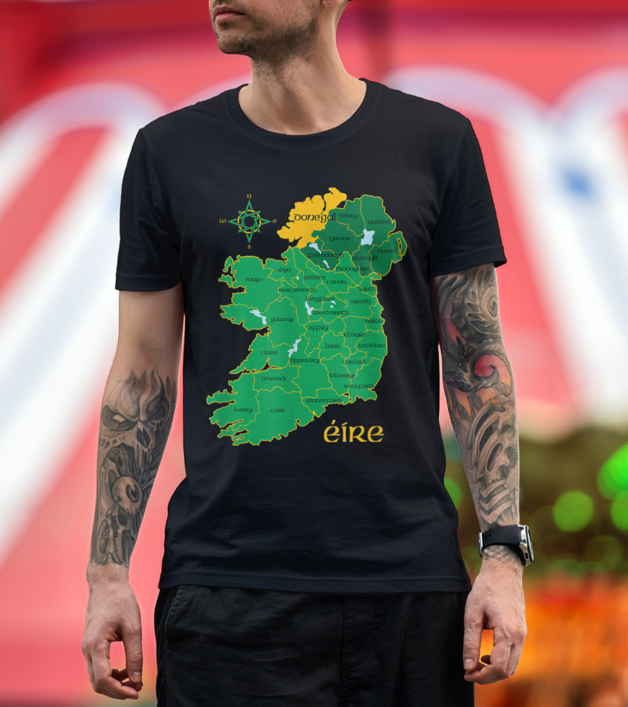 Donegal Eire Irish County Map with Compass Icon and County Names T-Shirt