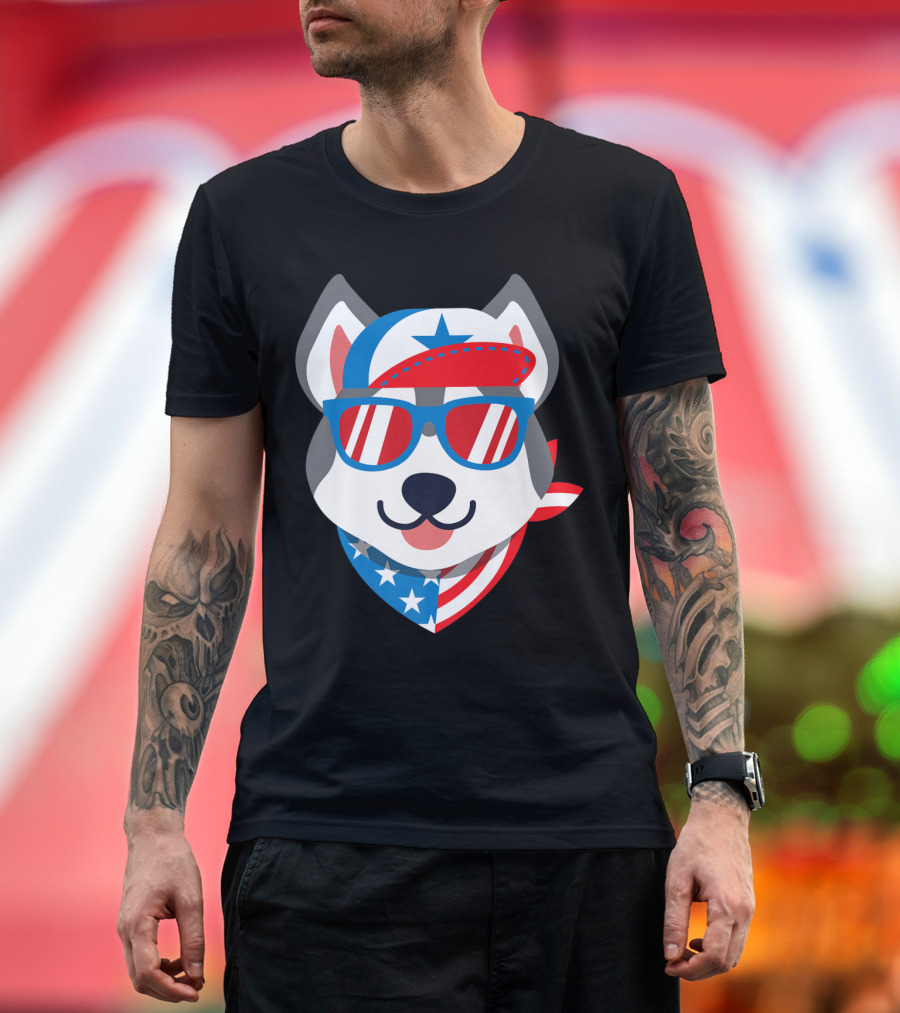 Husky with American Flag Sunglasses and Patriotic Bandana T-Shirt