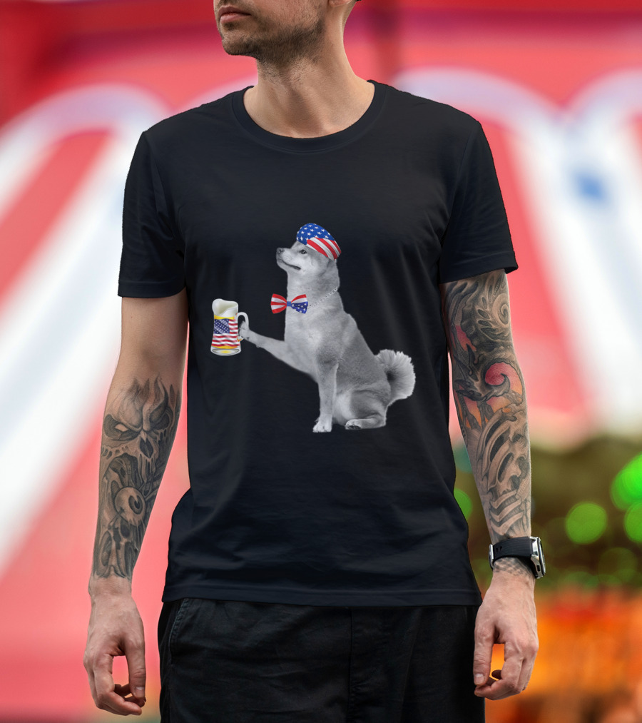 American Flag Akita with Beer Mug and Patriotic Hat and Bowtie T-Shirt