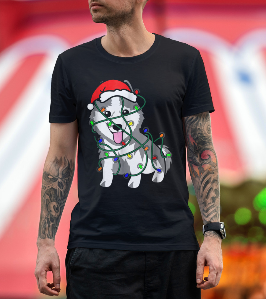 Christmas Lights Husky Dog in Santa Hat Tangled Festive Holiday Image T-Shirt