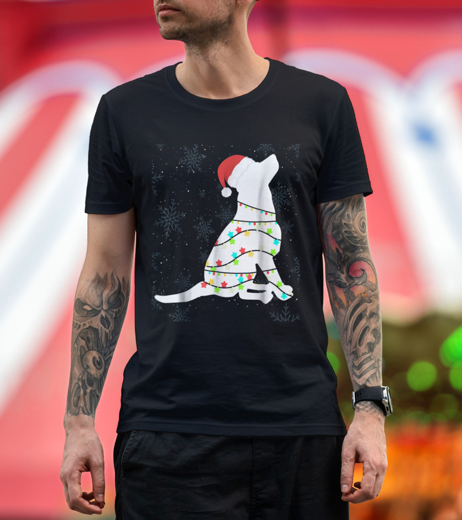 Labrador Retriever Wrapped in Christmas Lights and Santa Hat with Snowflakes T-Shirt