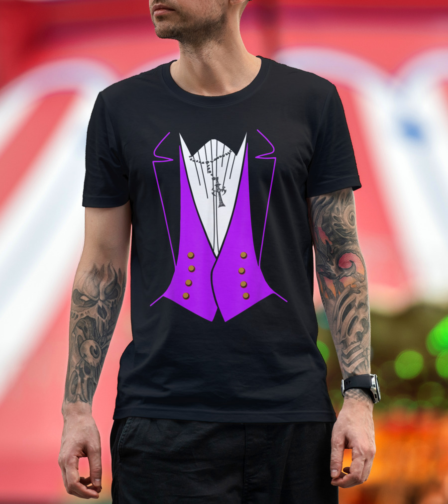 Dracula Halloween Purple Tuxedo with White Shirt and Gold Button Details T-Shirt