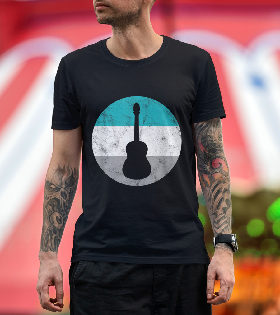 Acoustic Guitar Silhouette on Grunge Circle with Aqua White Gray Bands T-Shirt