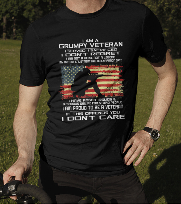 Grumpy Veteran I Served I Sacrificed I Don't Regret American Flag Proud To Be A Veteran T-Shirt