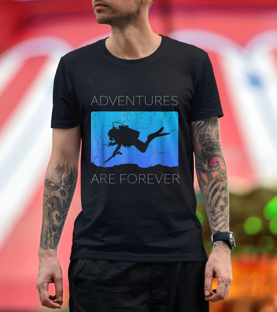 Adventures Are Forever Scuba Diving Silhouette on Blue Ocean Background T-Shirt
