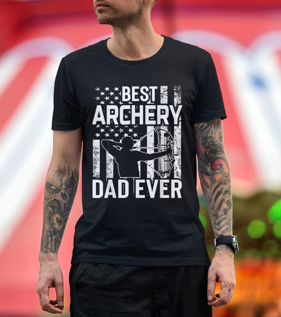 Best Archery Dad Ever American Flag Bow Hunter T-Shirt