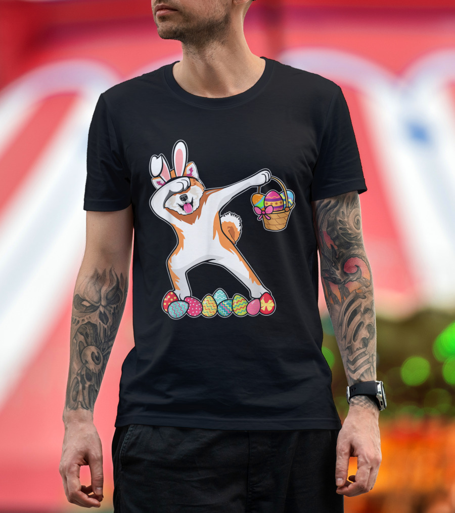 Akita Dog Dabbing with Bunny Ears and Easter Egg Basket Surrounded by Colorful Eggs T-Shirt