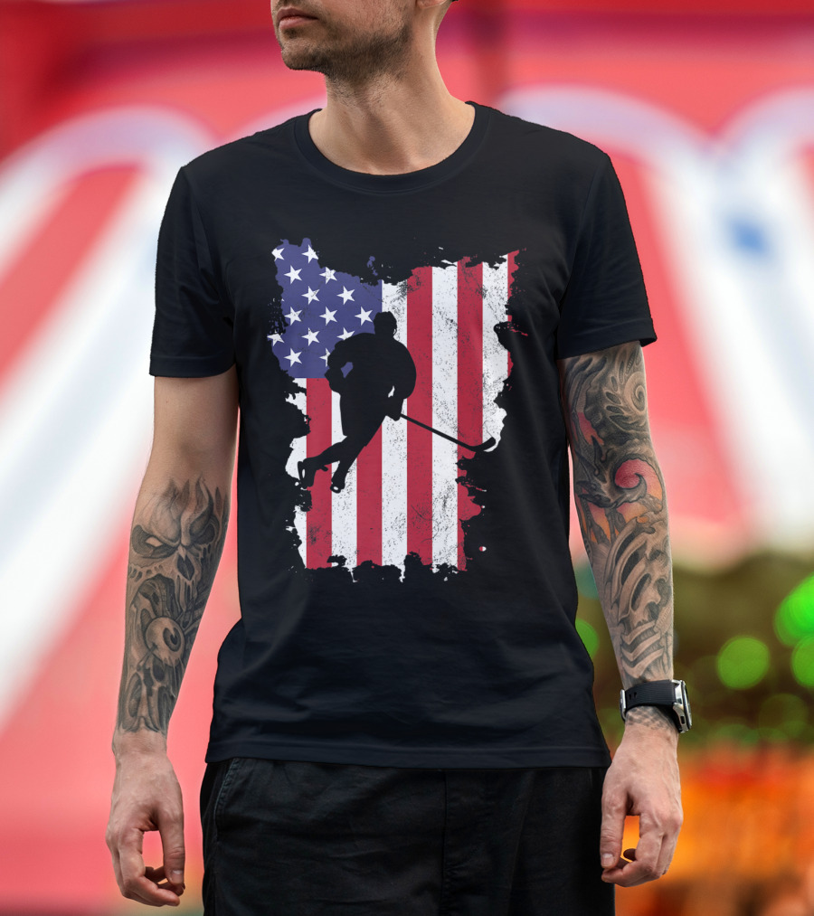 Ice Hockey Player Silhouette on Distressed USA Flag for 4th of July T-Shirt