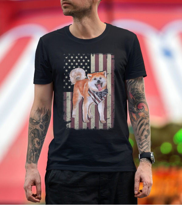 Premium T-Shirt: Akita Inu with American Flag Bandana Celebrating 4th of July T-Shirt Akita Inu with American Flag Bandana Celebrating 4th of July T-Shirt