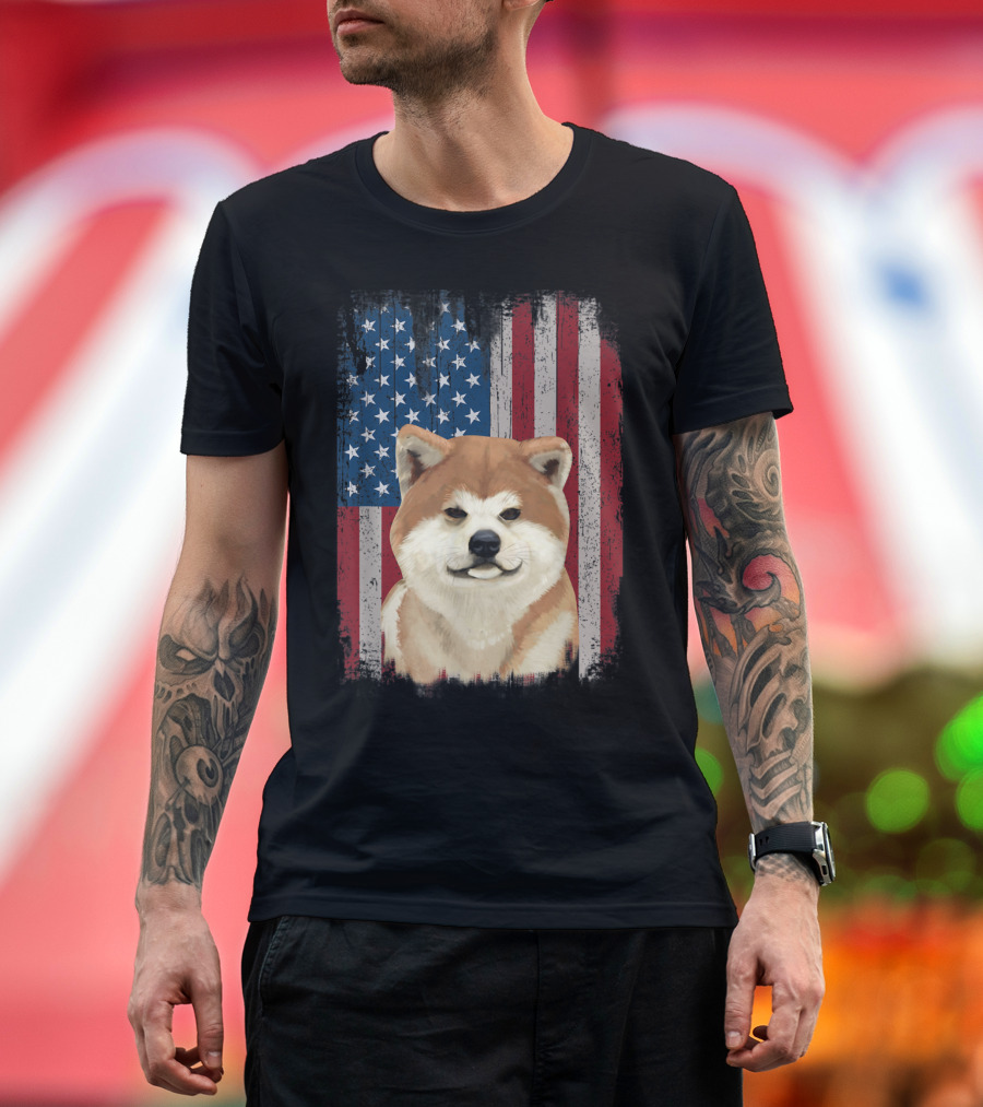 Akita Inu Dog with Grunge American Flag Patriotic 4th of July T-Shirt