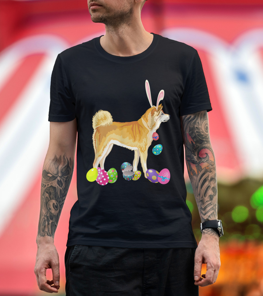 Akita Inu Dog with Bunny Ears and Colorful Easter Eggs T-Shirt