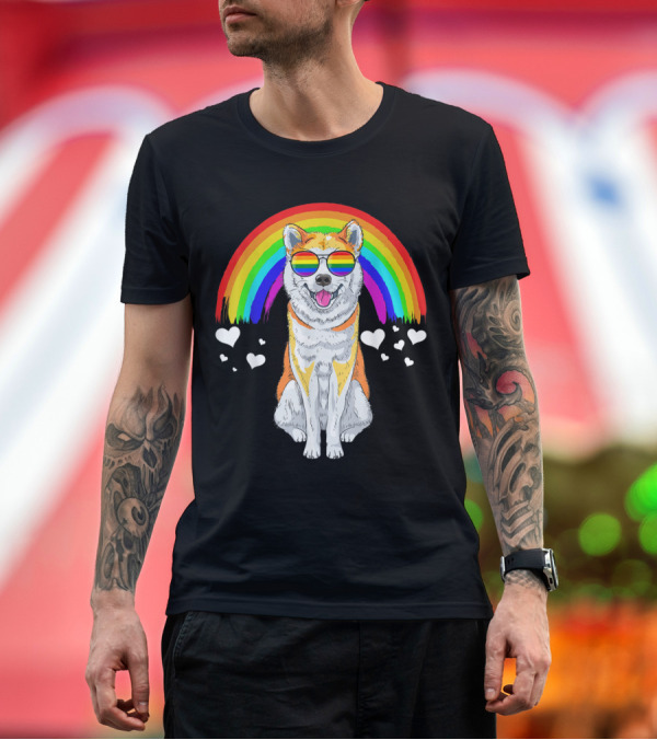 Premium T-Shirt: Akita Inu with Rainbow Sunglasses and Hearts Gay Pride LG T-Shirt Akita Inu with Rainbow Sunglasses and Hearts Gay Pride LG T-Shirt
