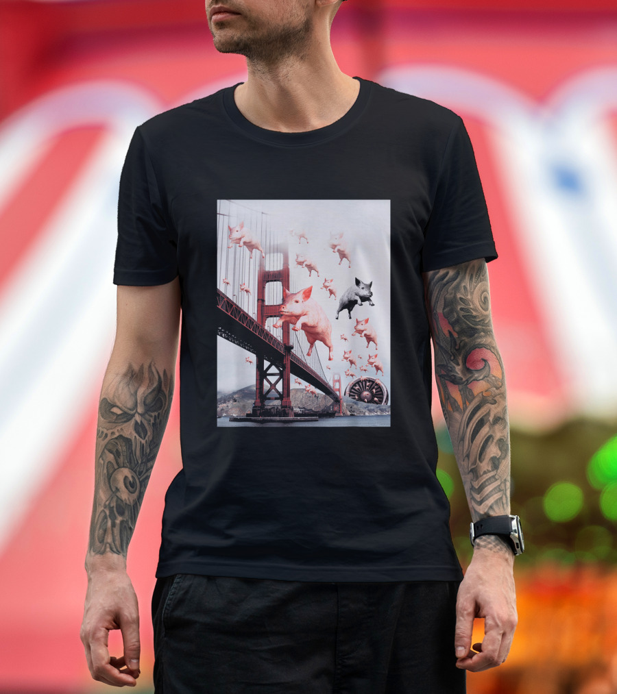 Golden Gate Bridge Flying Pig Collage Art Oh My God T-Shirt