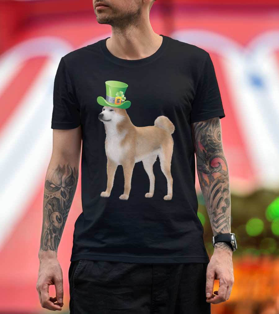 Akita St Patrick's Day Celebration with Green Hat and Clover T-Shirt
