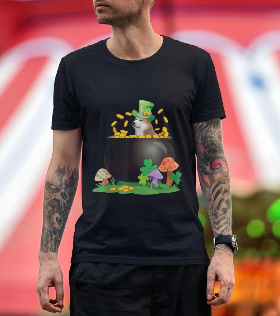 Akita Dog in Leprechaun Hat with Pot of Gold for St Patrick's Day T-Shirt
