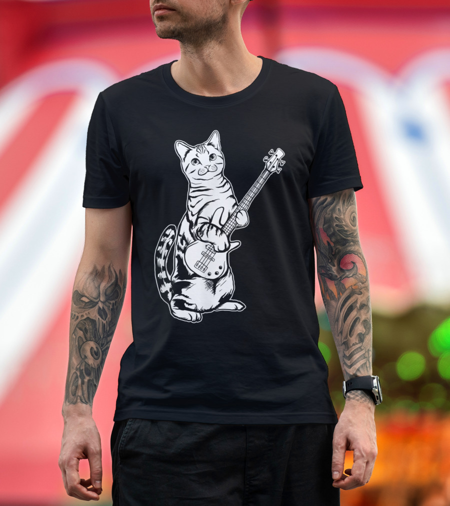 Playful Feline Rocker with Electric Bass Guitar - Funny Cat Cool Musician T-Shirt