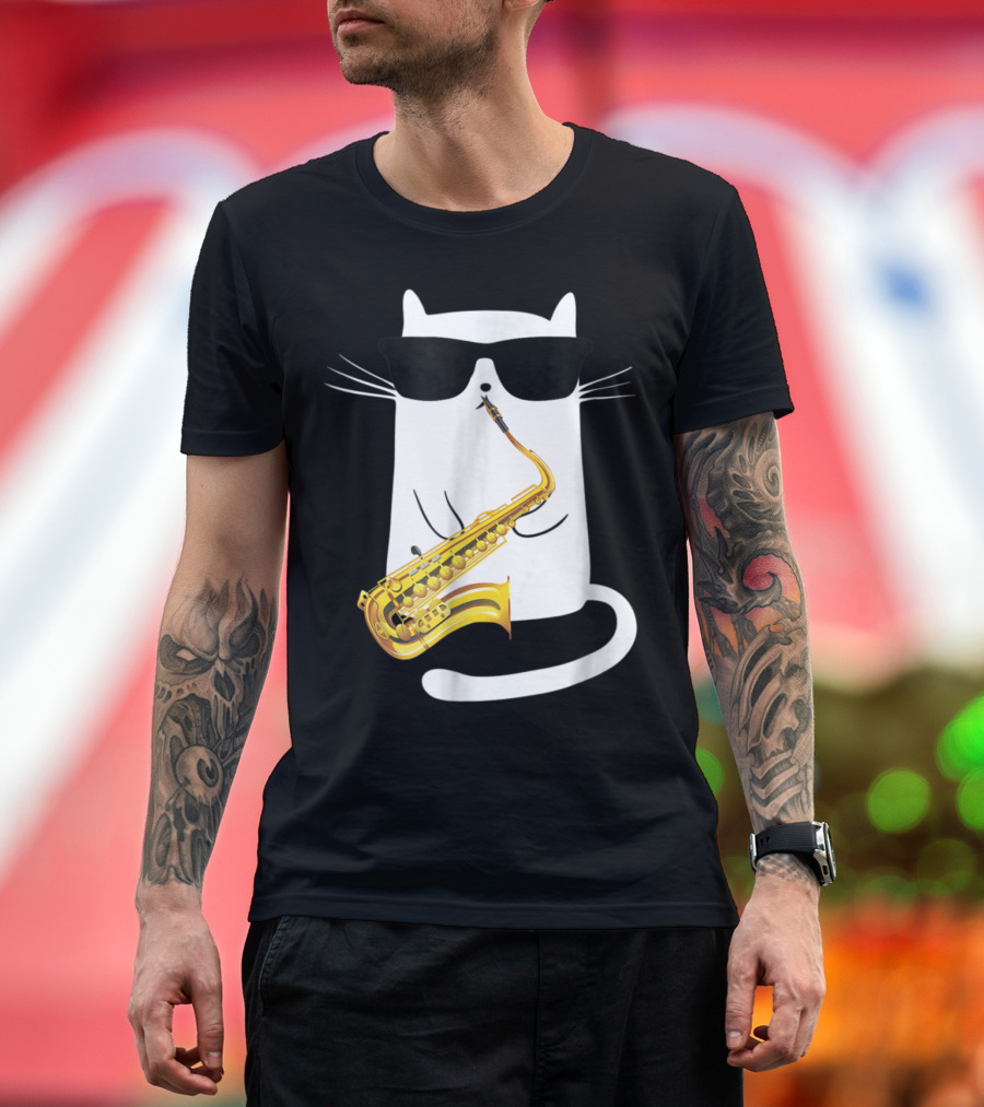 Cool Cat with Sunglasses Playing a Saxophone in Humorous T-Shirt